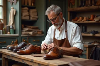 Cordonnier professionnel ajustant un dernier en bois dans son atelier