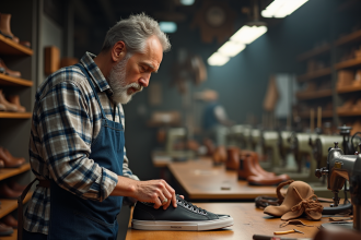 Cordonner inspectant une sneaker dans son atelier industriel