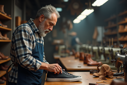 Cordonner inspectant une sneaker dans son atelier industriel