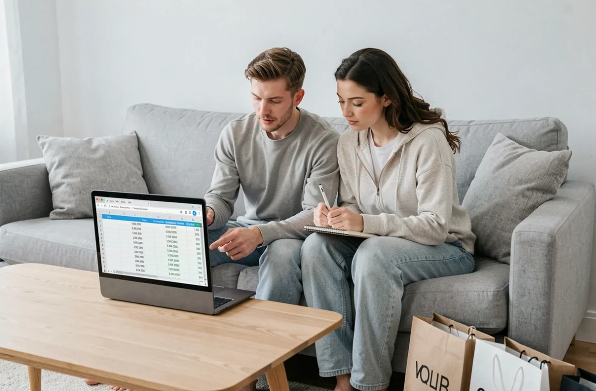 Couple planifiant leurs achats lors des ventes privées 2026 sur un ordinateur portable avec un tableau de budget, dans un salon minimaliste au style scandinave