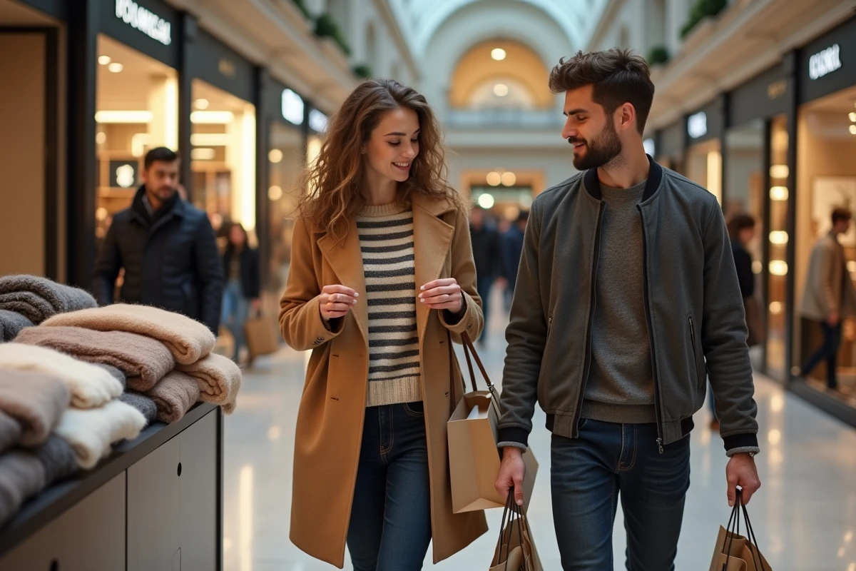 Couple faisant du shopping ensemble dans un grand magasin italien pendant les soldes, examinant une écharpe en cachemire