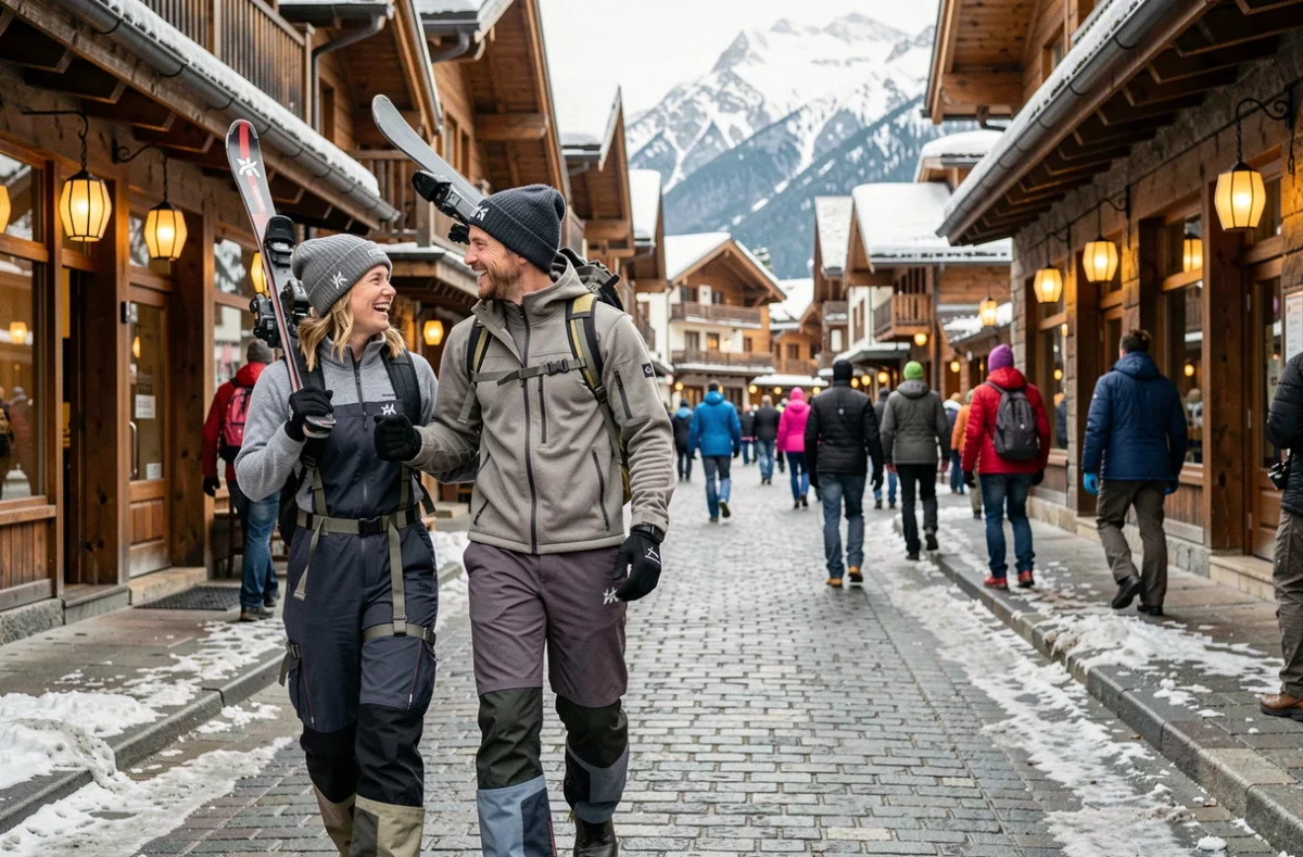 Couple en tenue de marque de montagne traversant le village d'une station de ski avec leurs skis en riant