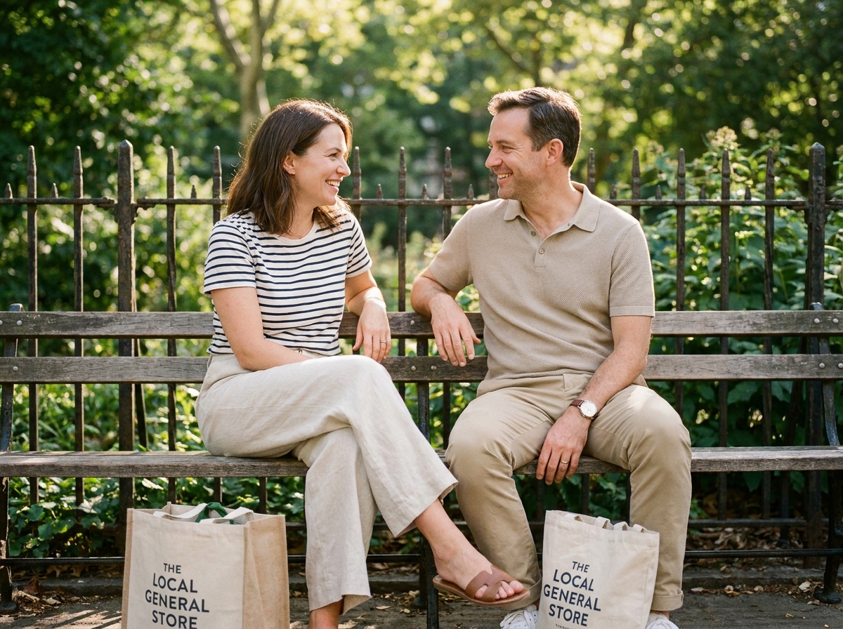 Couple adulte portant des tenues décontractées et stylées dans un parc urbain ensoleillé