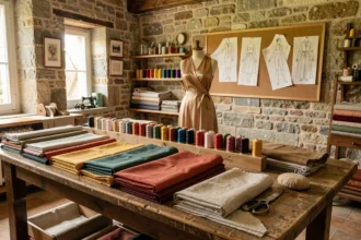 Atelier de couture artisanal en Bourgogne-Franche-Comté avec tissus, fils et mannequin de couturière