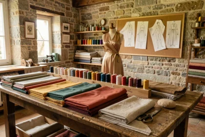 Atelier de couture artisanal en Bourgogne-Franche-Comté avec tissus, fils et mannequin de couturière