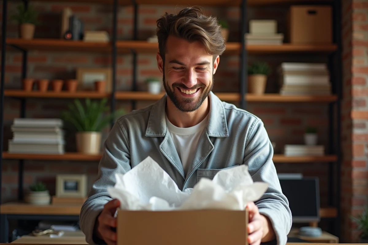 Homme découvrant un pyjama personnalisé dans une boîte cadeau élégante, surprise et émotion authentique