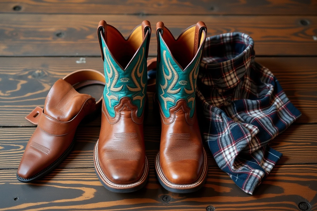 Gros plan de bottes cowboy en cuir pour homme posées sur un parquet en bois avec détails de couture et semelle visibles