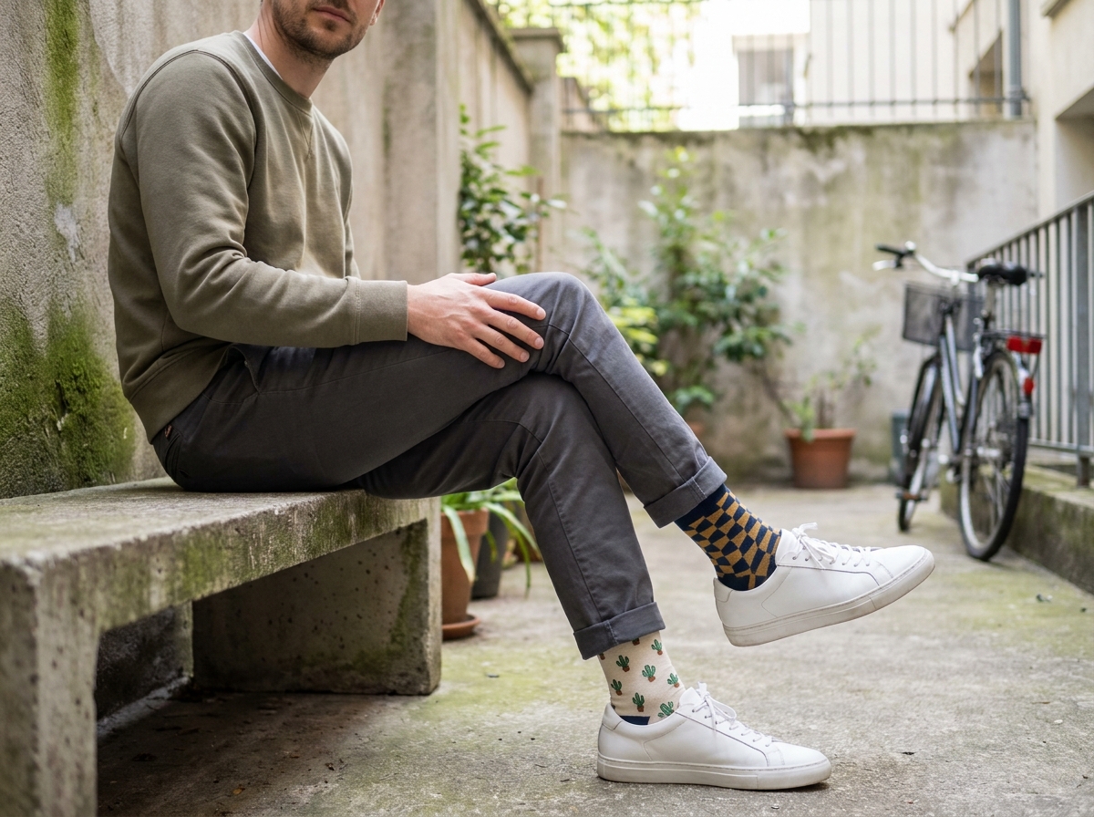 Homme assis en ville avec des chaussettes dépareillées originales et des baskets blanches