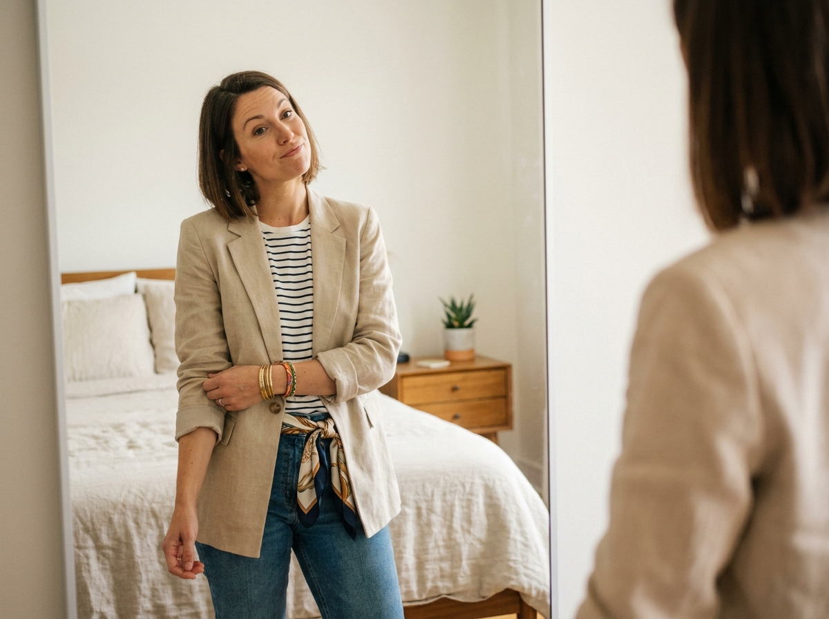 Femme dans sa chambre regardant son reflet avec un foulard en soie dans les passants et des bracelets empilés