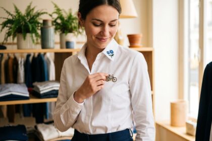Jeune femme portant une chemise blanche avec un pin's vintage et un patch brodé dans une boutique parisienne