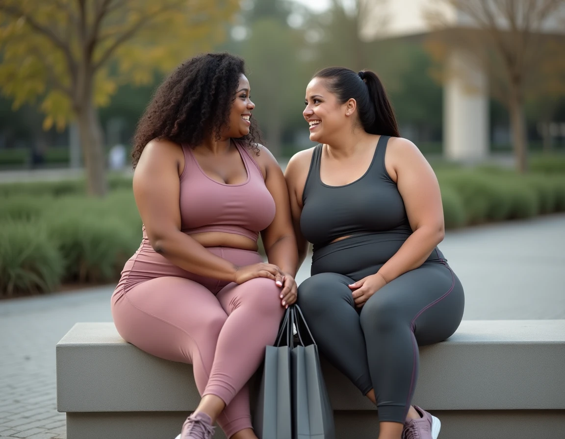 Deux femmes grande taille en tenues Halara discutant joyeusement dans un parc urbain moderne