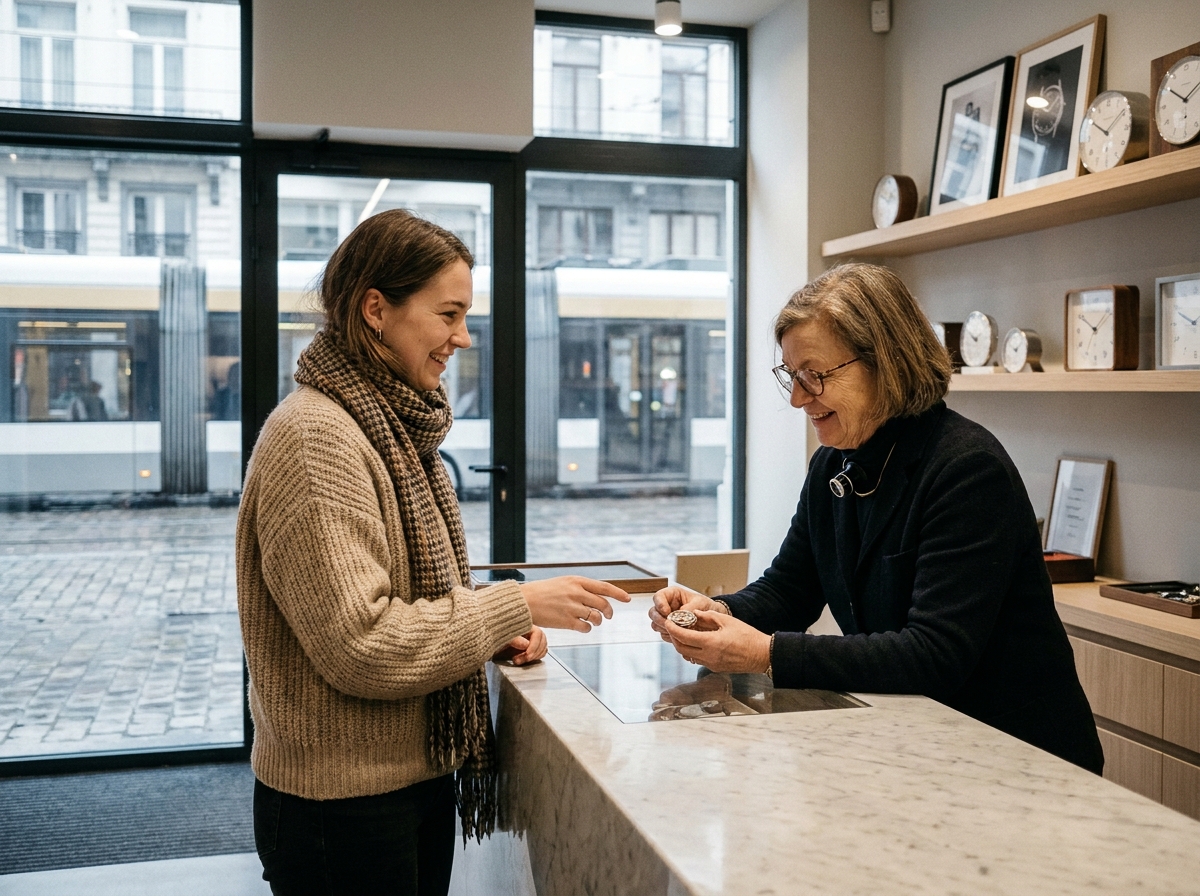 Jeune femme souriante discutant avec une horologue dans une boutique moderne
