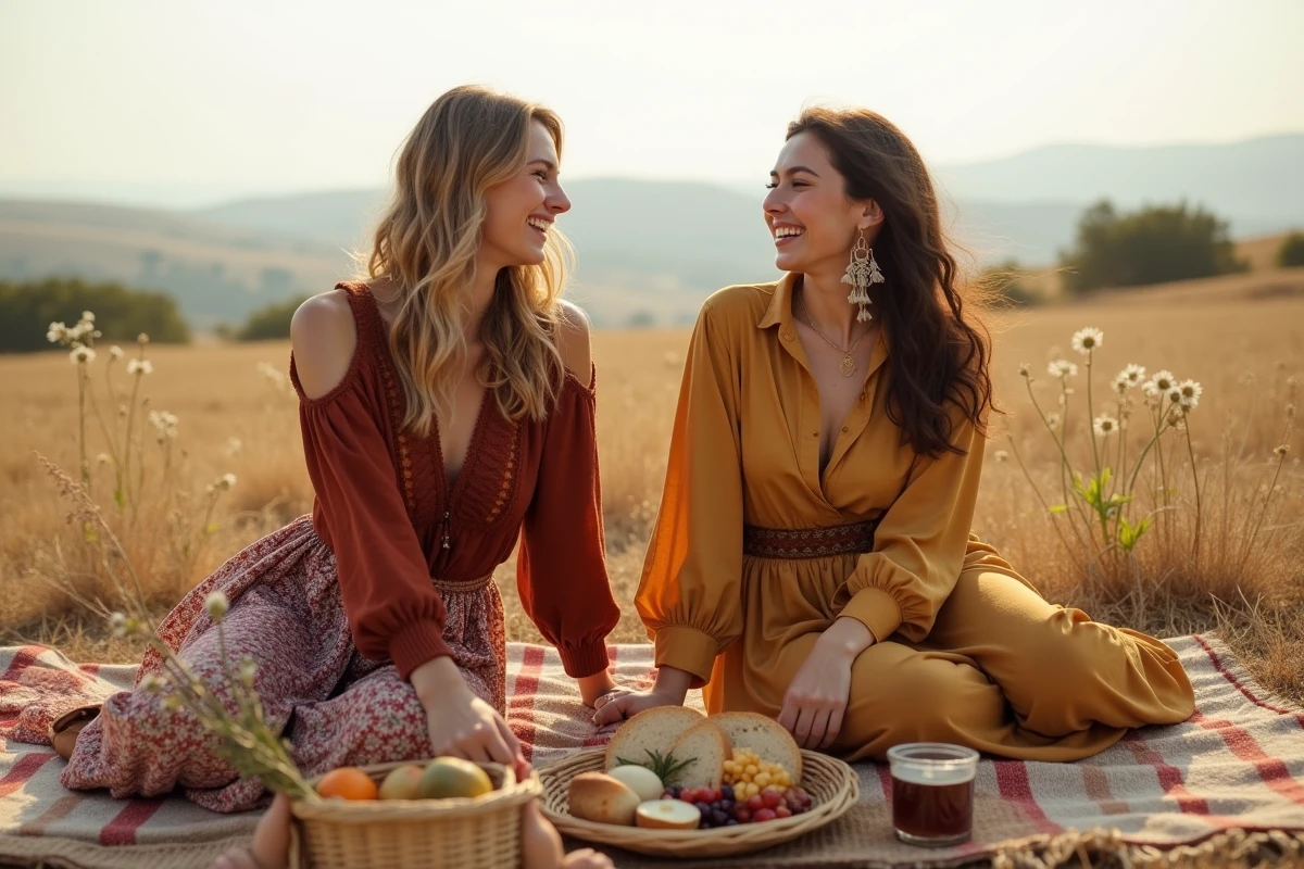 Deux femmes en tenues bohème hippie chic assises sur un kilim dans un champ de campagne dorée lors d'un pique-nique artisanal