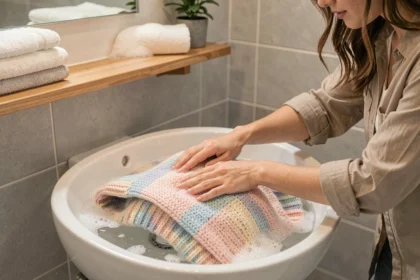 Femme lavant délicatement un pull personnalisé couple à la main dans un évier en céramique blanche