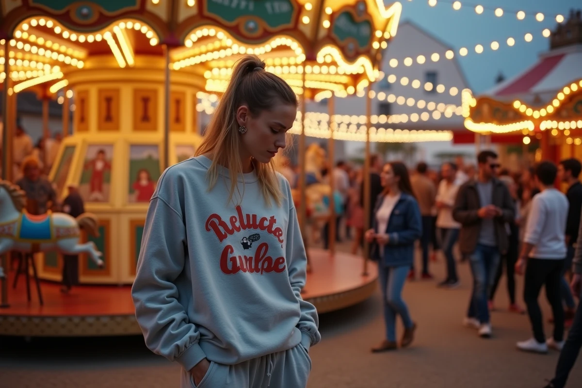 Femme en jogging ample et sweatshirt oversize dans une guinguette animée, exemple d'erreur de style casual athleisure inadapté à une sortie festive en pantalon