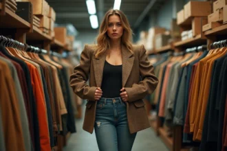 Femme tenant un blazer vintage à épaulettes exagérées dans une boutique de vêtements de seconde main, illustrant une erreur de style à éviter