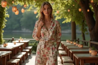 Femme en pantalon à imprimé fleuri trop chargé associé à un haut à pois dans un cadre de guinguette au bord de l'eau, exemple d'erreur de style à éviter