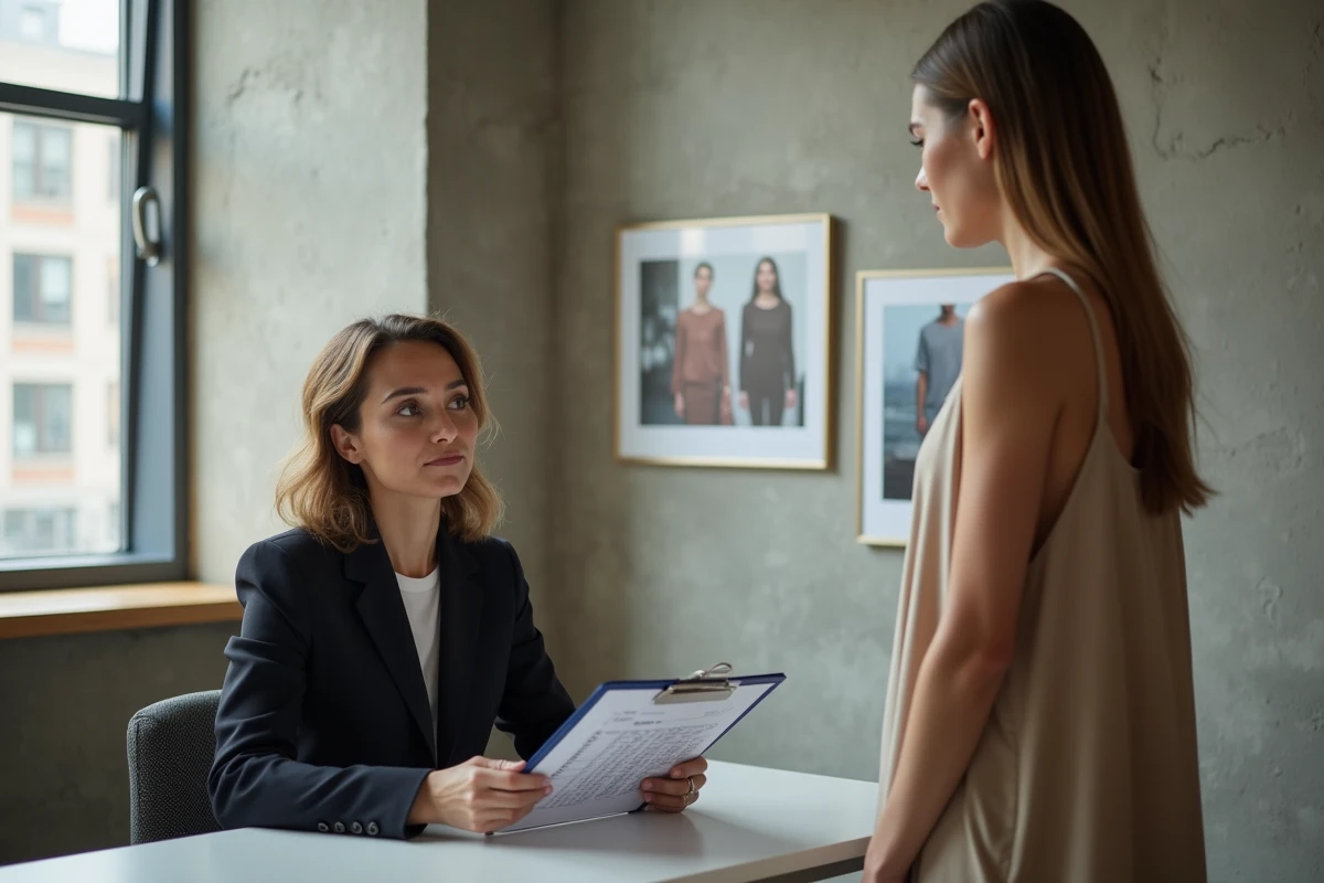 Directrice de casting évaluant une candidate mannequin dans un bureau d'agence, fiche de mensurations en main