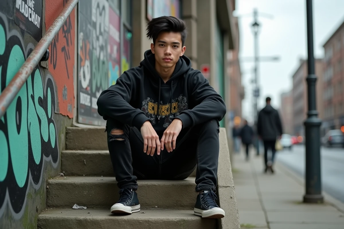 Jeune homme en style emo assis sur des escaliers urbains avec des erreurs de style visibles comme des chaussures dépareillées et une coiffure trop figée
