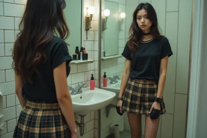 Jeune femme en style emo devant un miroir de salle de bain, examinant son look avec un maquillage mal appliqué et des vêtements noirs superposés