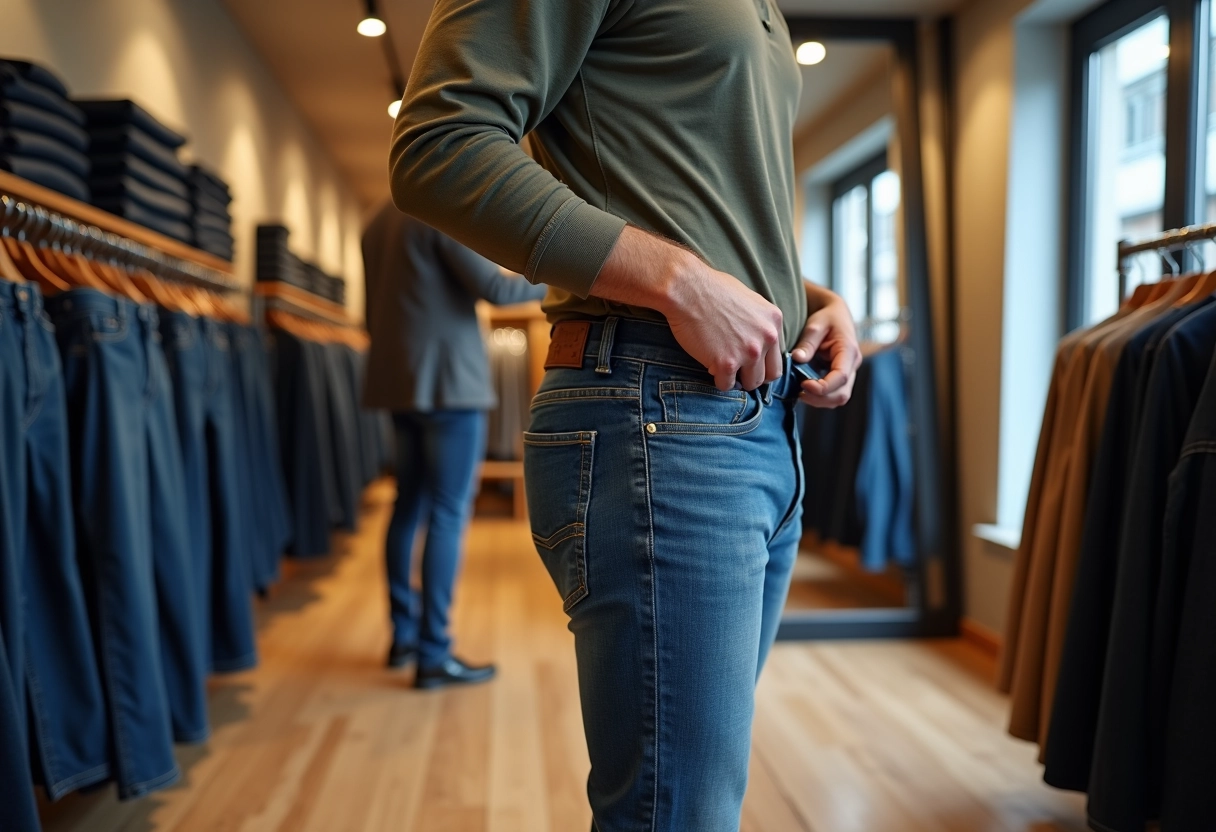 Homme essayant un jean dans une boutique moderne
