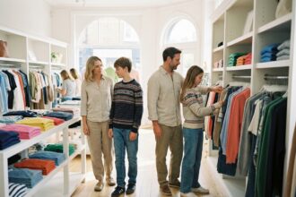 Famille choisissant ensemble des vêtements confortables et colorés dans une boutique tendance