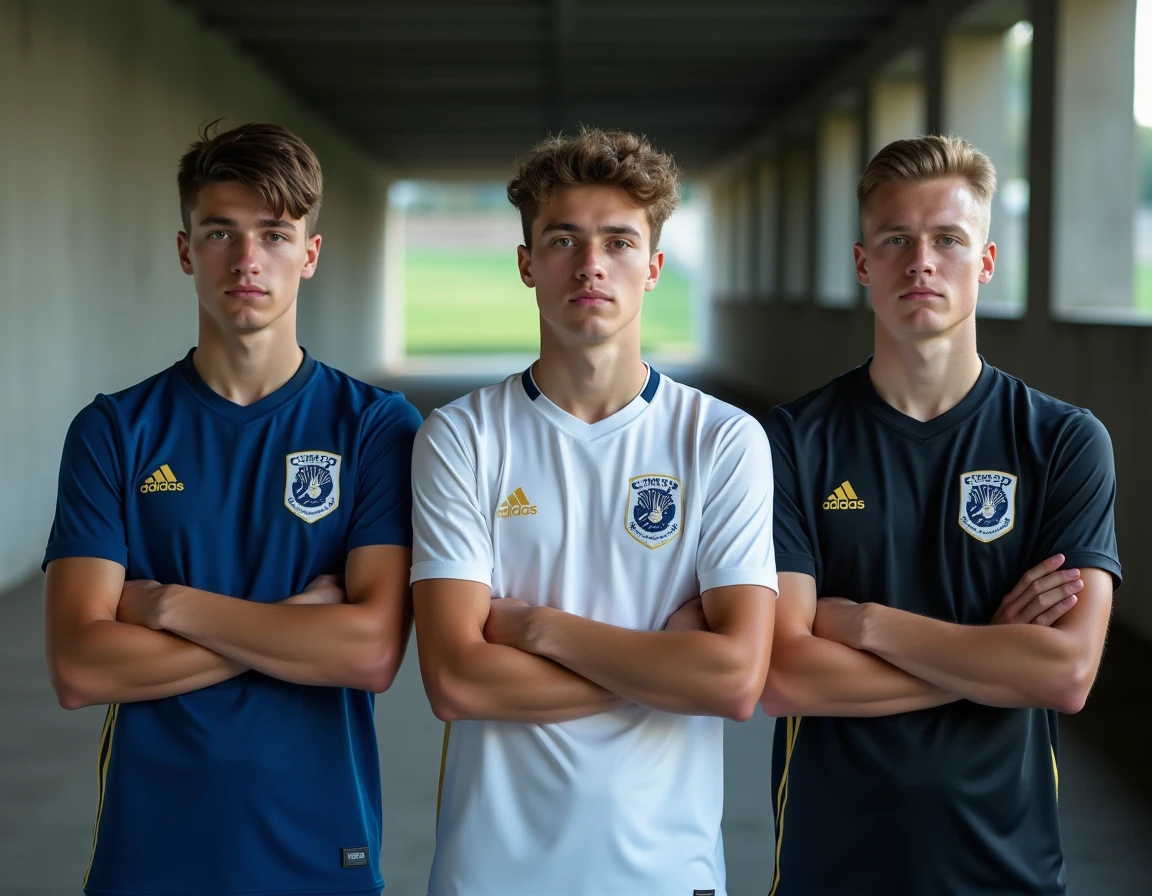 Trois fans en maillots Blue Lock différents posant dans un tunnel de stade de football
