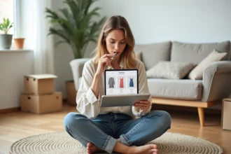 Femme consultant un site de vente de robes en ligne sur une tablette, assise dans un salon moderne avec des colis de livraison autour d'elle