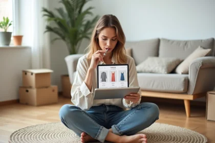 Femme consultant un site de vente de robes en ligne sur une tablette, assise dans un salon moderne avec des colis de livraison autour d'elle