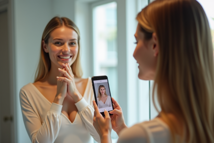 Jeune femme utilisant une app pour analyser son visage devant un miroir