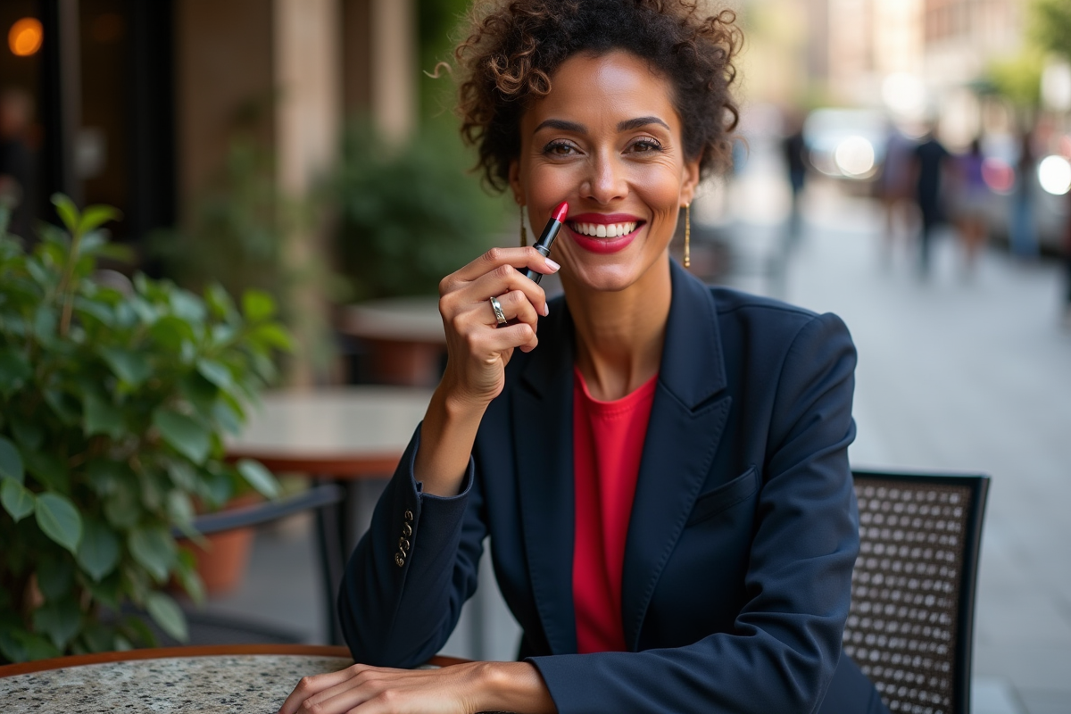 Femme appliquant un rouge à lèvres rouge au café en extérieur
