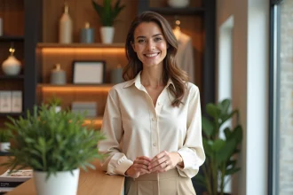 Femme élégante essayant un bracelet dans une boutique chaleureuse