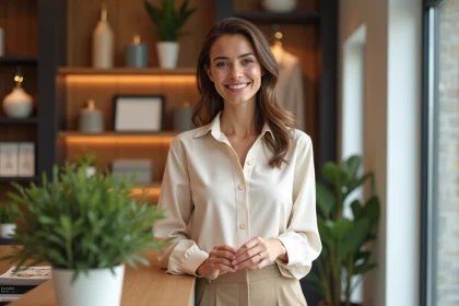 Femme élégante essayant un bracelet dans une boutique chaleureuse