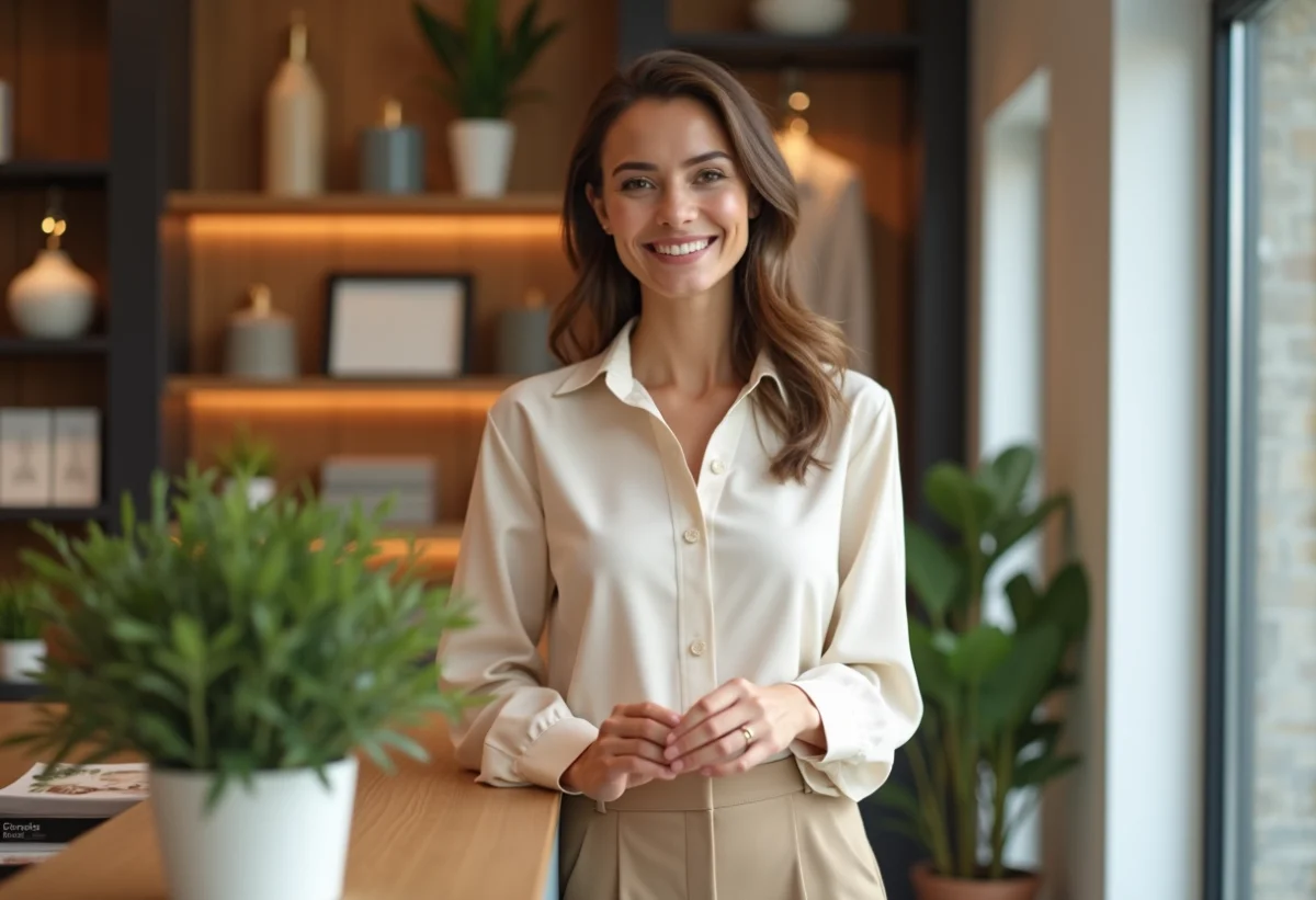 Femme élégante essayant un bracelet dans une boutique chaleureuse