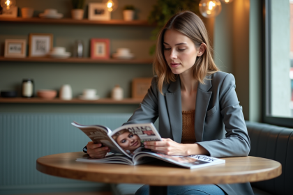 Femme élégante lisant magazines dans un café cosy