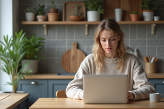 Femme en sweater et jeans travaillant à la maison