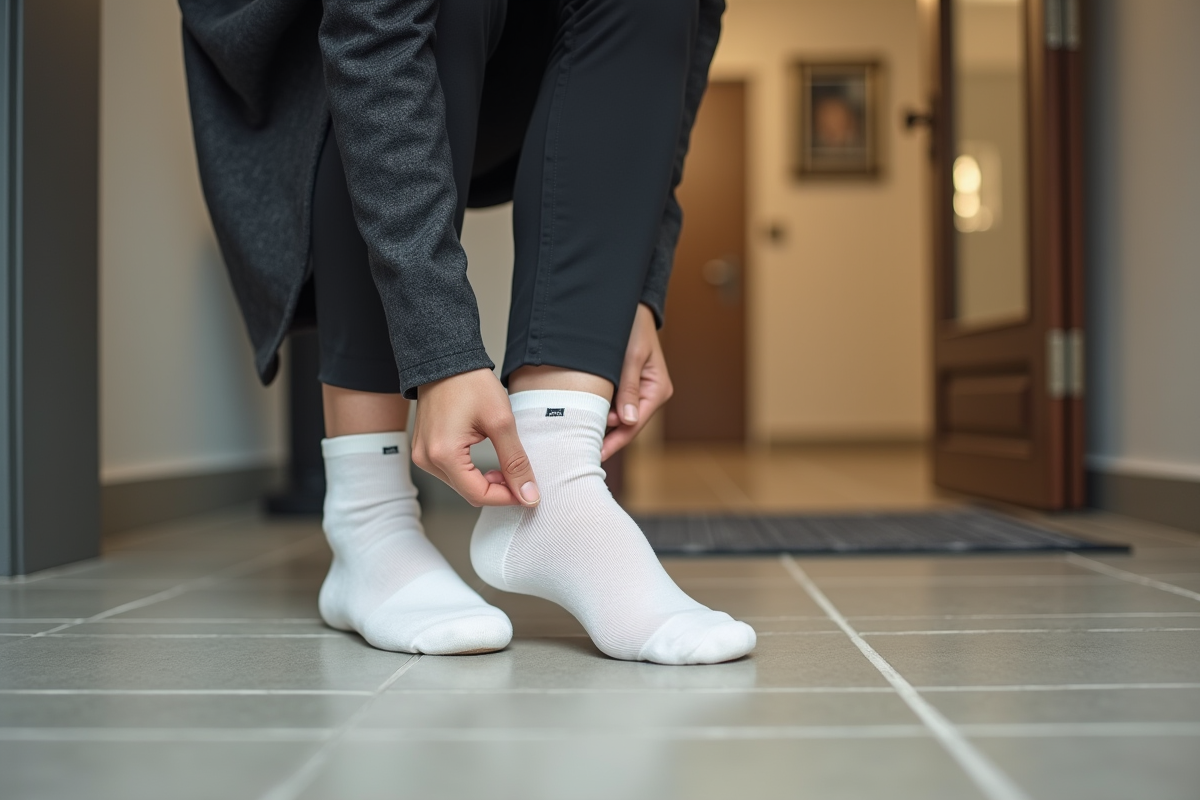 Femme mettant une chaussette dans l