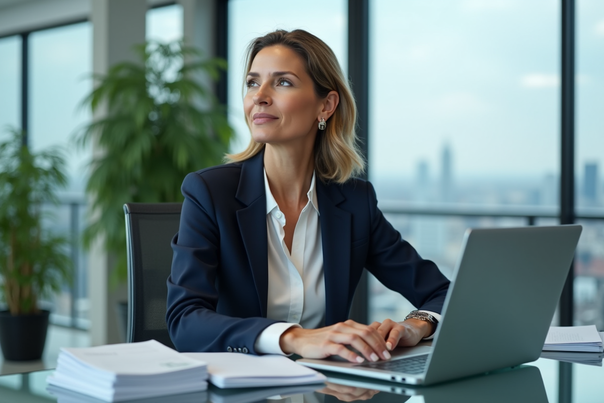 Femme confiante en costume navy dans un bureau moderne