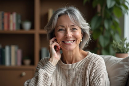 Femme de 53 ans souriante dans un salon cosy