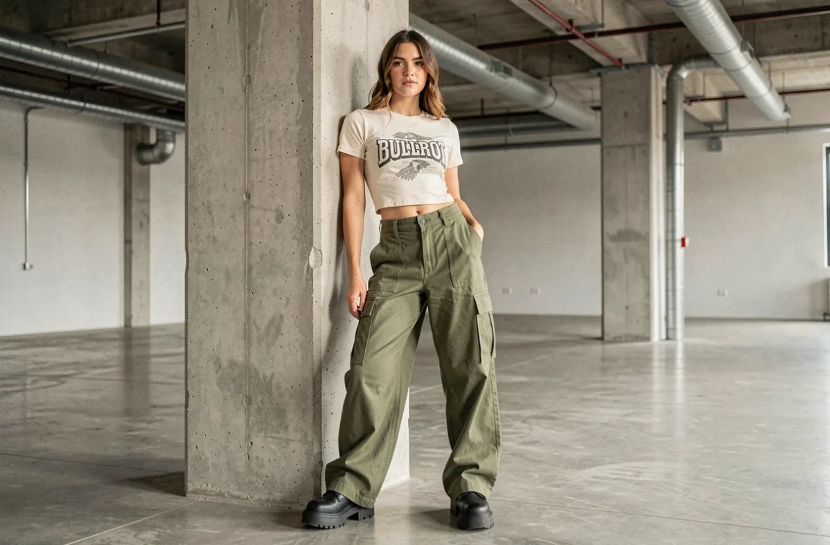 Femme en crop top Bullrot blanc et cargo olive dans un loft industriel minimaliste