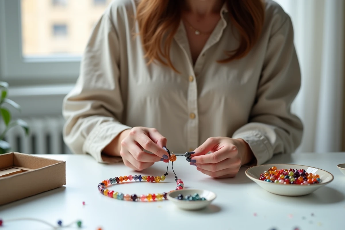 Femme débutante enfilant des perles colorées sur un fil élastique avec un kit de bracelet ouvert posé sur son bureau de création