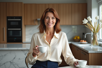 Femme élégante en blouse de soie crème dans une cuisine moderne