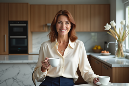 Femme élégante en blouse de soie crème dans une cuisine moderne
