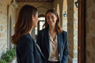 Femme élégante en tailleur dans un hall raffine