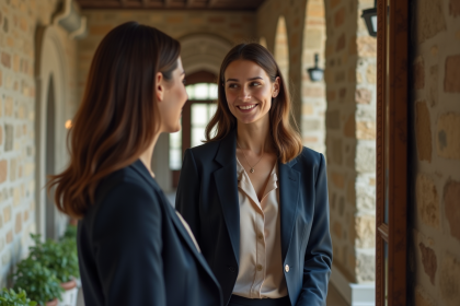 Femme élégante en tailleur dans un hall raffine