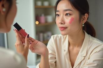Femme testant différents rouges à lèvres devant un miroir