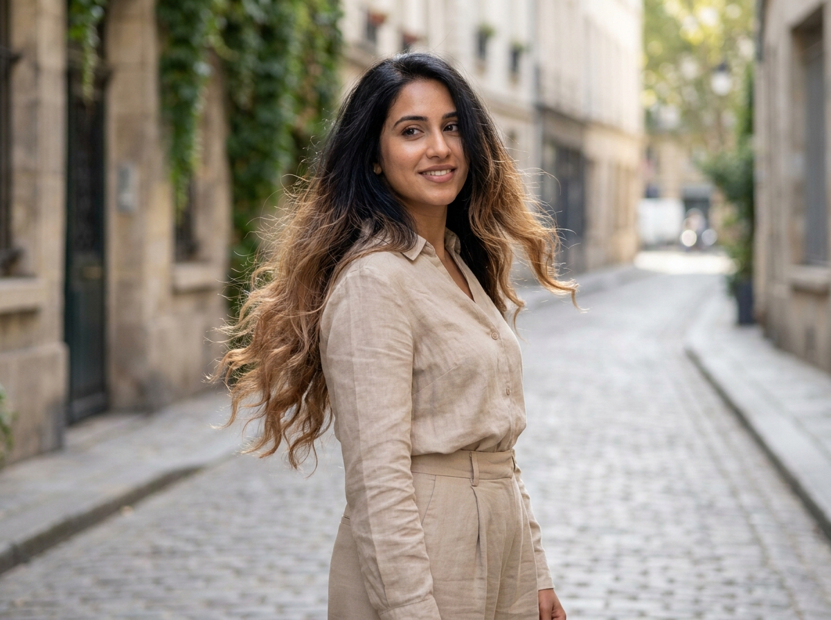 Femme aux cheveux longs avec extensions naturelles portées en extérieur dans une rue pavée