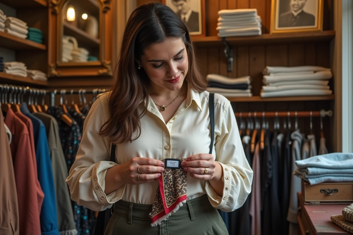 Femme grande taille inspectant un foulard en soie vintage dans une boutique friperie parisienne soigneusement décorée avec des miroirs anciens
