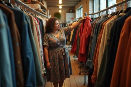 Femme grande taille faisant du shopping dans une friperie parisienne, essayant un blazer vintage coloré parmi des portants chargés de vêtements