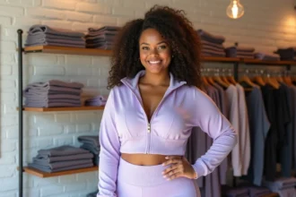 Femme grande taille portant une tenue de sport Halara en lavande dans une boutique de vêtements inclusifs
